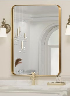 Generic Wall Mounted Bathroom Mirror Round Corners Vanity Makeup Mirror Vertical or Horizontal Hanging for Bathroom Bedroom Dressing Table Wall (60 * 90cm, Gold)  - Image 3