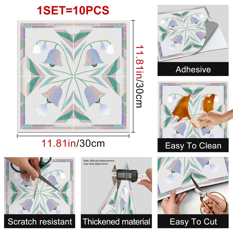 HOMETITUTE 10PCS 12x12 Inch Iridescent Bell Flower with Green Leaves Floor Tiles Peel and Stick Removable Self Adhesive DIY Vinyl Flooring Stickers for Kitchen Bathroom Living Room Entryway Home Decor - Image 3