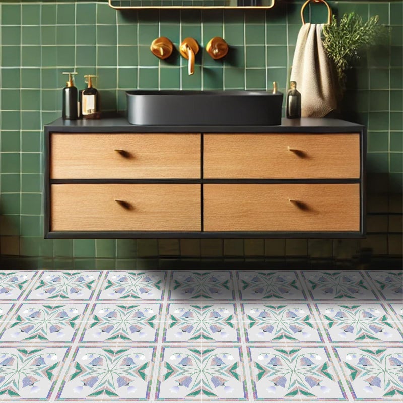 HOMETITUTE 10PCS 12x12 Inch Iridescent Bell Flower with Green Leaves Floor Tiles Peel and Stick Removable Self Adhesive DIY Vinyl Flooring Stickers for Kitchen Bathroom Living Room Entryway Home Decor - Image 5