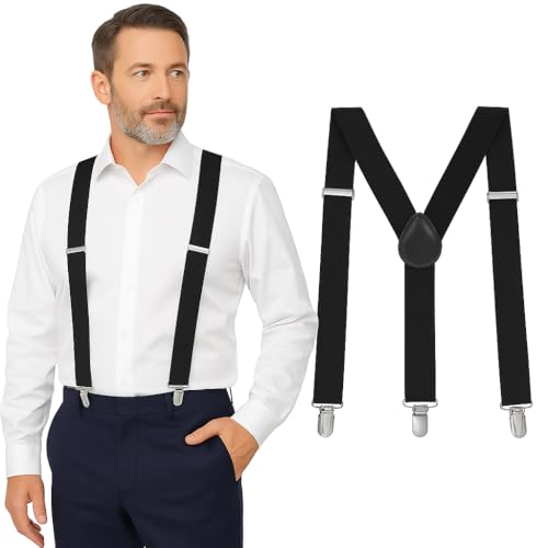 Man of Men Black Suspenders for Men Heavy Duty - Adjustable 1” Y-Back Men's Suspenders for Dress Pants | Strong Metal Clips, Durable Elastic Straps, Leather Reinforcement - Comfortable, Formal, Everyday Wear - Image 1