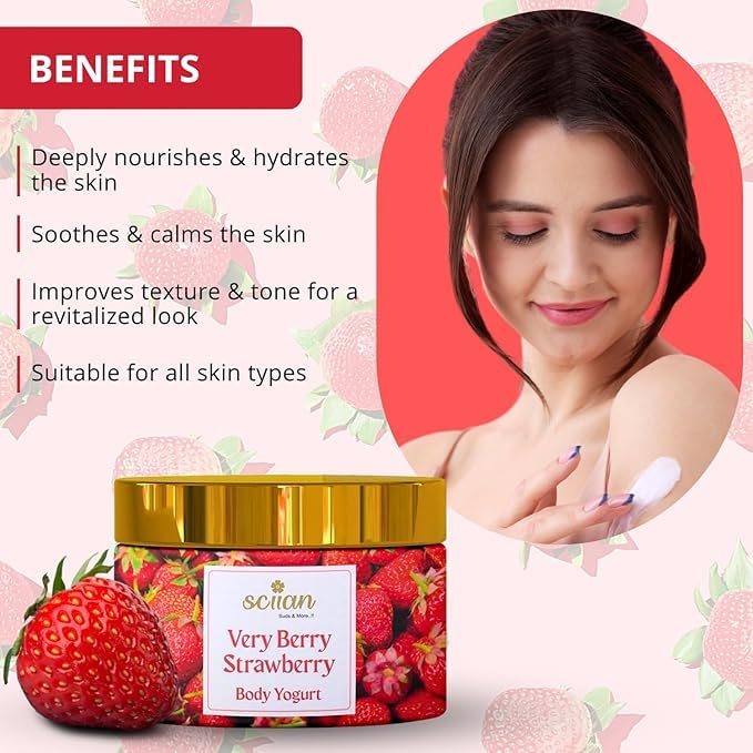 SCIIAN Strawberry Body Yogurt | Oil Free Moisturizer | Body Cream for 48hrs Moisturization | Body Butter for Dry Skin | Body Butter for Deep Hydration & Nourish Skin with Vitamin E & Coconut Oil-200g - Image 4