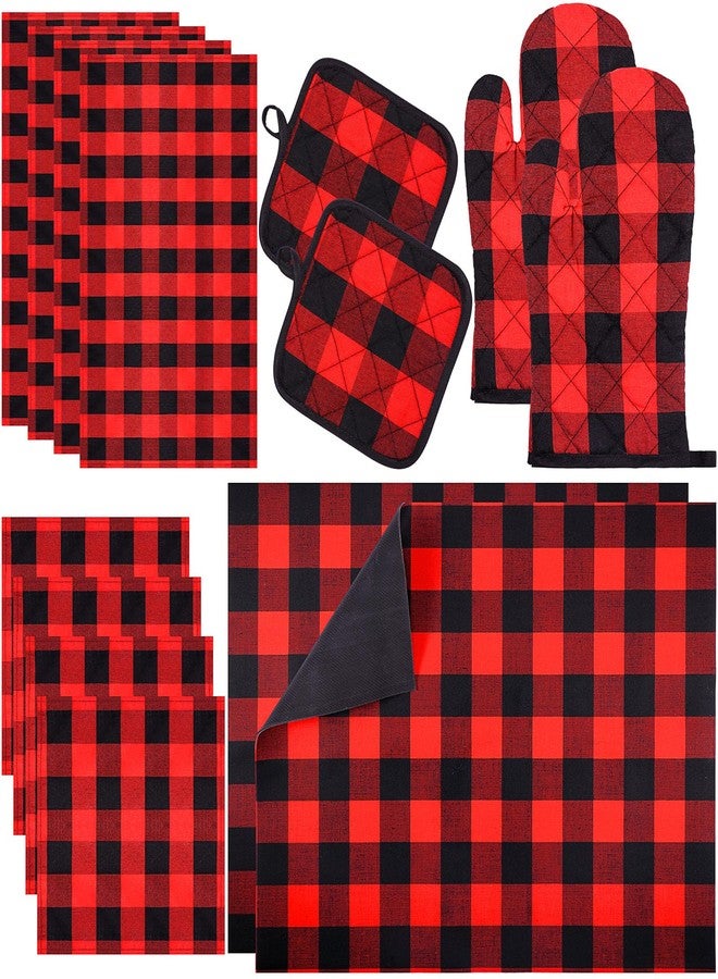 Reallnaive 14 Pcs Oven Mitts Kitchen Towels Dishcloths Pot Holders and Dish Drying Mat Set Dish Towels Oven Gloves Pads Kitchen Counter Mat for Cooking Grilling Baking(Black and Red) - Image 1