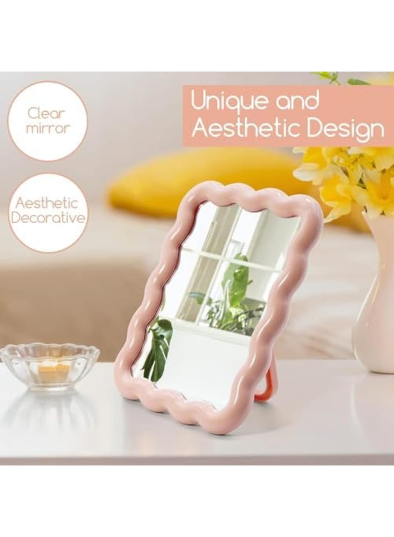 Barakah مرآة مكياج مكتبية بشكل موجي لطيف، مرآة قابلة للطي جمالية محمولة للسفر، مرآة مكياج قائمة/معلقة للنساء والفتيات، مرآة ديكور منزلي (وردي) - Image 2