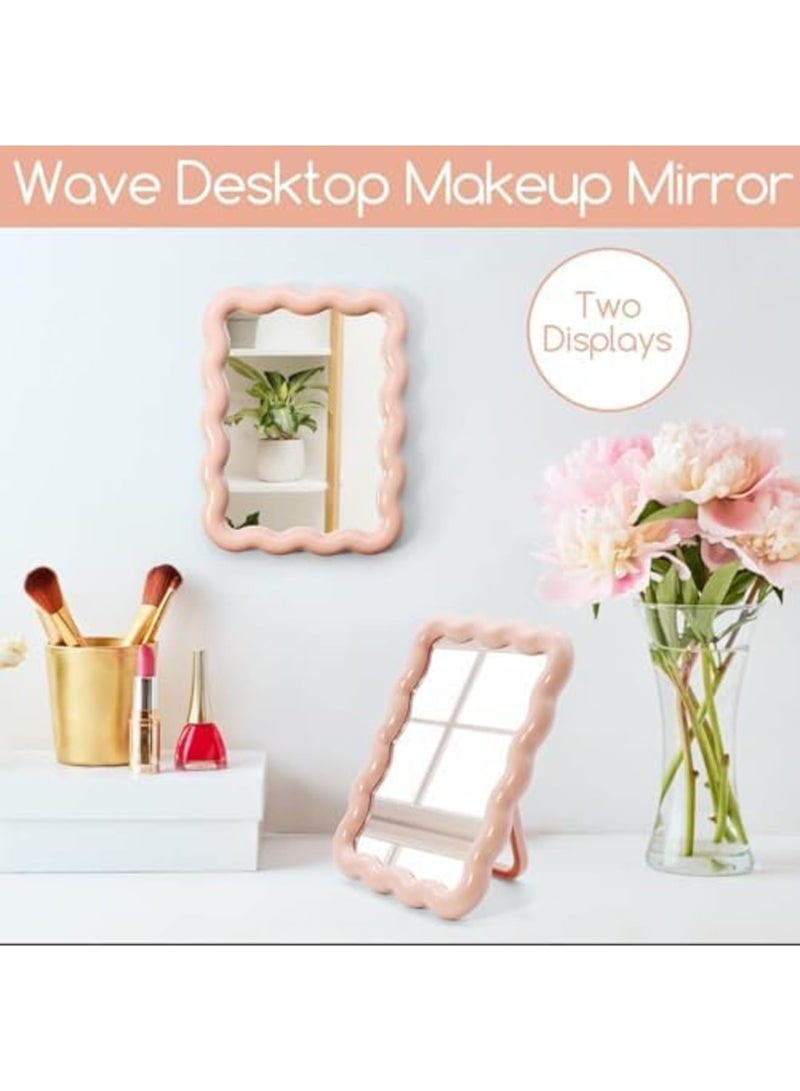 Barakah مرآة مكياج مكتبية بشكل موجي لطيف، مرآة قابلة للطي جمالية محمولة للسفر، مرآة مكياج قائمة/معلقة للنساء والفتيات، مرآة ديكور منزلي (وردي) - Image 3