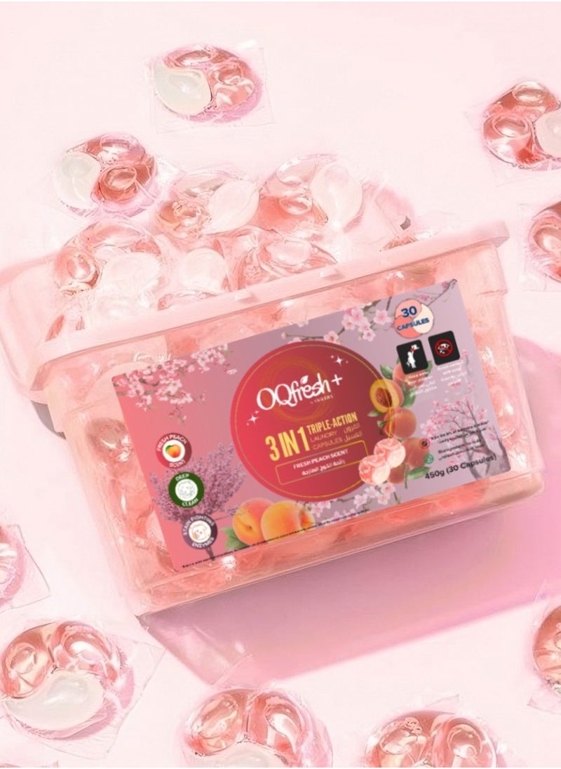 OqFresh+ - 30 Pods of Peach Stain Removal Detergent in 3-In-1 Laundry Capsules with Triple Action for Fresh Laundry - Image 1