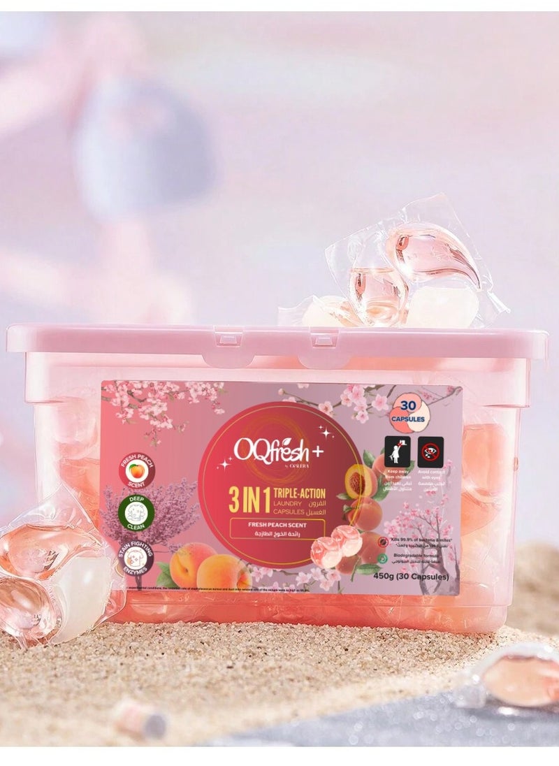 OqFresh+ - 30 Pods of Peach Stain Removal Detergent in 3-In-1 Laundry Capsules with Triple Action for Fresh Laundry - Image 1