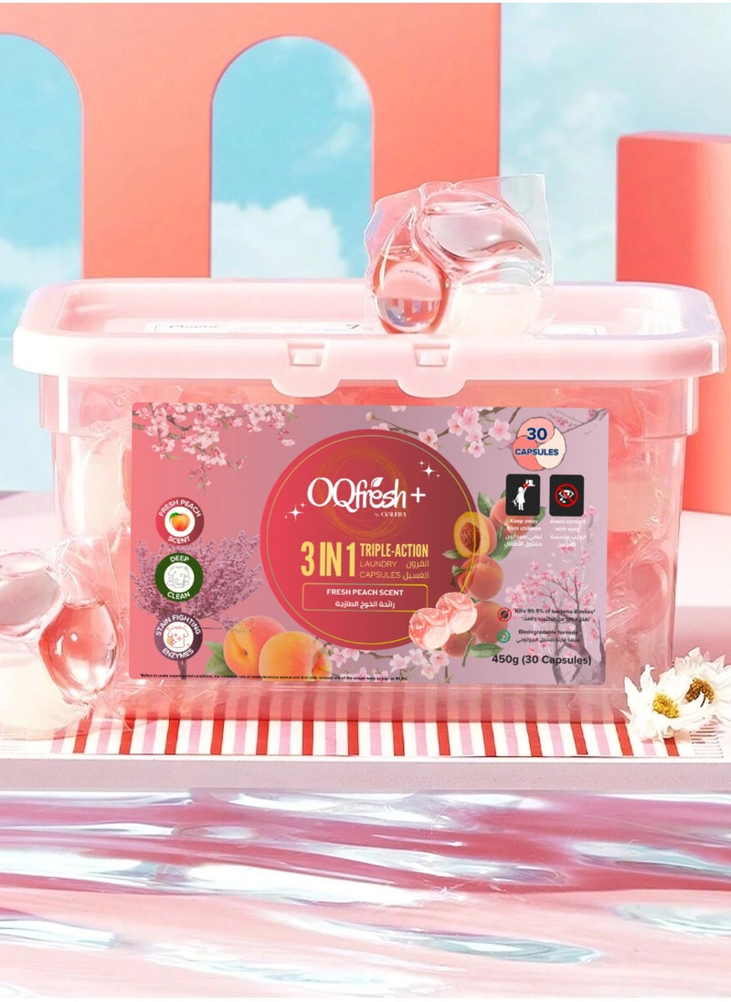 OqFresh+ - 30 Pods of Peach Stain Removal Detergent in 3-In-1 Laundry Capsules with Triple Action for Fresh Laundry - Image 1