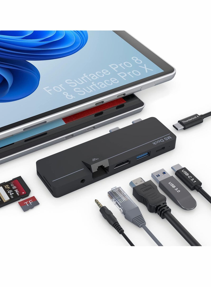 Excefore محطة إرساء Surface Pro 8 Hub مع منفذ HDMI بدقة 4K، ومنفذ USB-C Thunerbolt 4 (شاشة + بيانات + شحن PD)، ومنفذ USB 3.0، ومنفذ USB C (بيانات)، وشبكة LAN 100M، والصوت، وفتحة بطاقة SD+TF، وشاشة ثلاثية لجهاز Microsoft Surface Pro 8/Pro X - Image 1