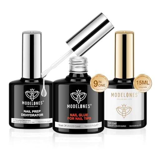 modelones Nail Glue Gel with Top Coat and Prep Dehydrator 3 PCS 15ml 9 in One Gel Glue Kit for Easy Nail Extension, No Wipe Top Coat - Image 1