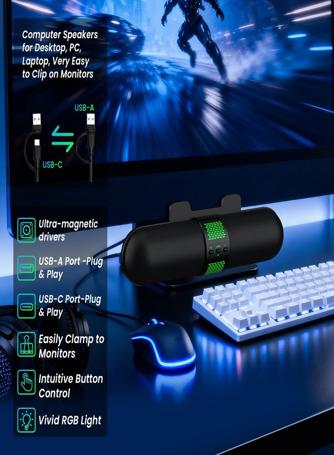 مكبر صوت BESTISAN للكمبيوتر، بلوتوث 5.3/منفذ USB سلكي، 6 أوضاع إضاءة RGB، مكبر صوت للألعاب لأجهزة الكمبيوتر/اللابتوب/المكتبي، محول طاقة USB، صوت عالٍ، سهل التثبيت على الشاشة، أدوات تحكم مريحة - Image 4