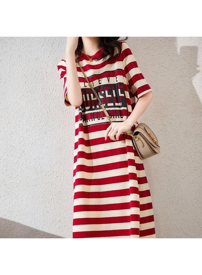 Maternity Clothing Summer Loose Slimming Striped Printed T-shirt Dress Korean Style Mid-length Maternity Dress Summer Clothing 