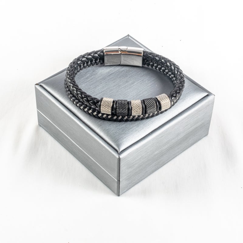 أسورة رجالي أستانليس ستيل وجلد 2 دور فضي - Image 1