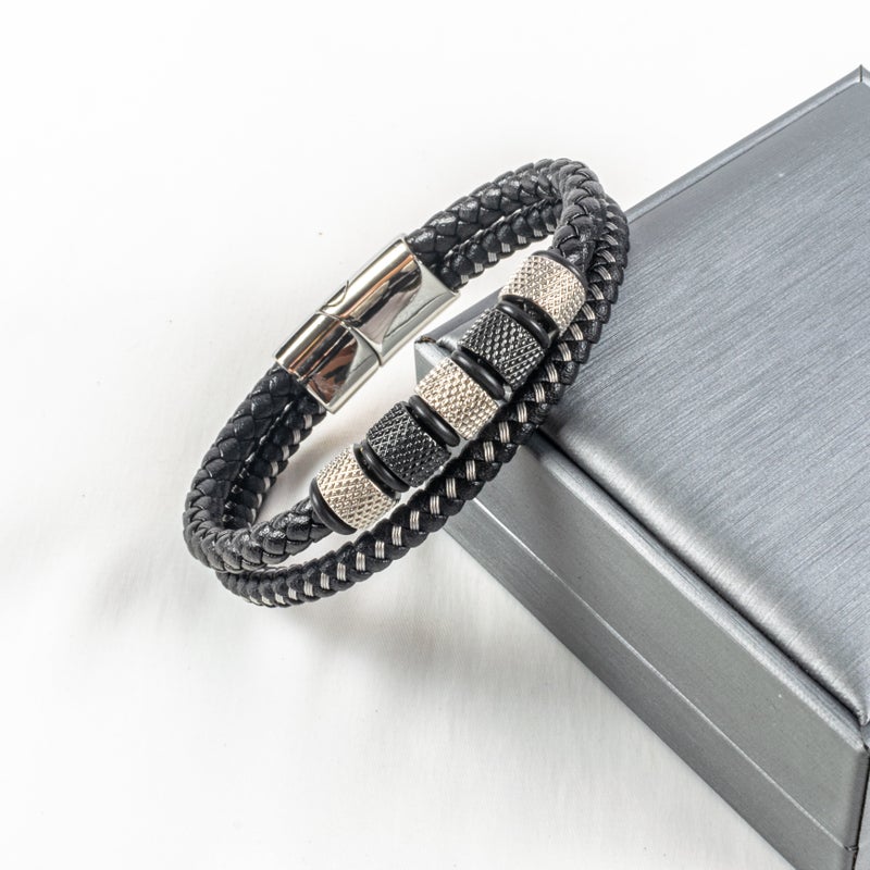 أسورة رجالي أستانليس ستيل وجلد 2 دور فضي - Image 2