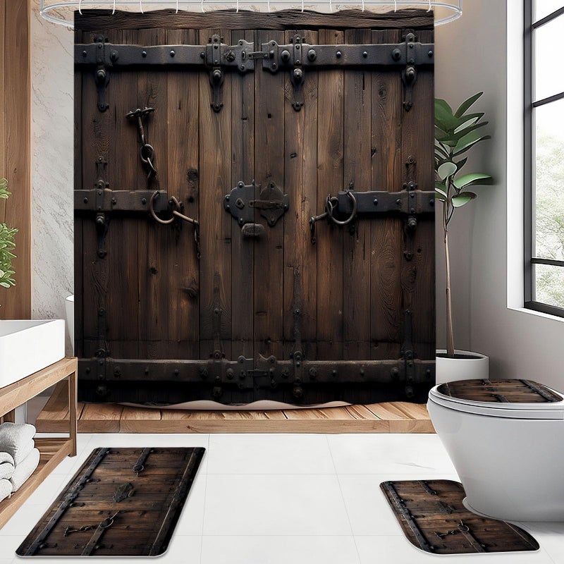 Litabel 4 Pcs Vintage Wooden Door Shower Curtain Set with Non-Slip Rugs, Toilet Lid Cover and Bath Mat, Farmhouse Bathroom Decor Set with Shower Curtain and Rugs(Hooks Not Included) - Image 2