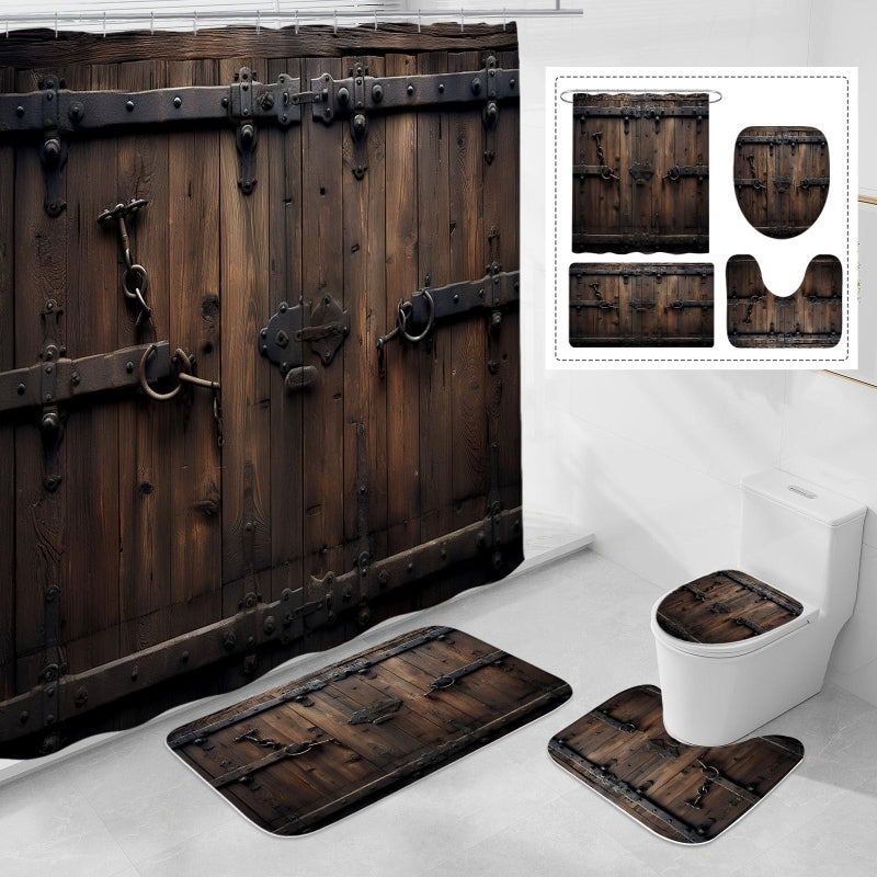 Litabel 4 Pcs Vintage Wooden Door Shower Curtain Set with Non-Slip Rugs, Toilet Lid Cover and Bath Mat, Farmhouse Bathroom Decor Set with Shower Curtain and Rugs(Hooks Not Included) - Image 1