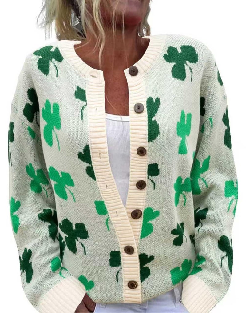 Beopjesk Women's Funny Winter Long Sleeve St Patrick's Day Button Knit Cardigan Sweater Irish Shamrock Knitted Outerwear (ST-Beige,XXL) - Image 1