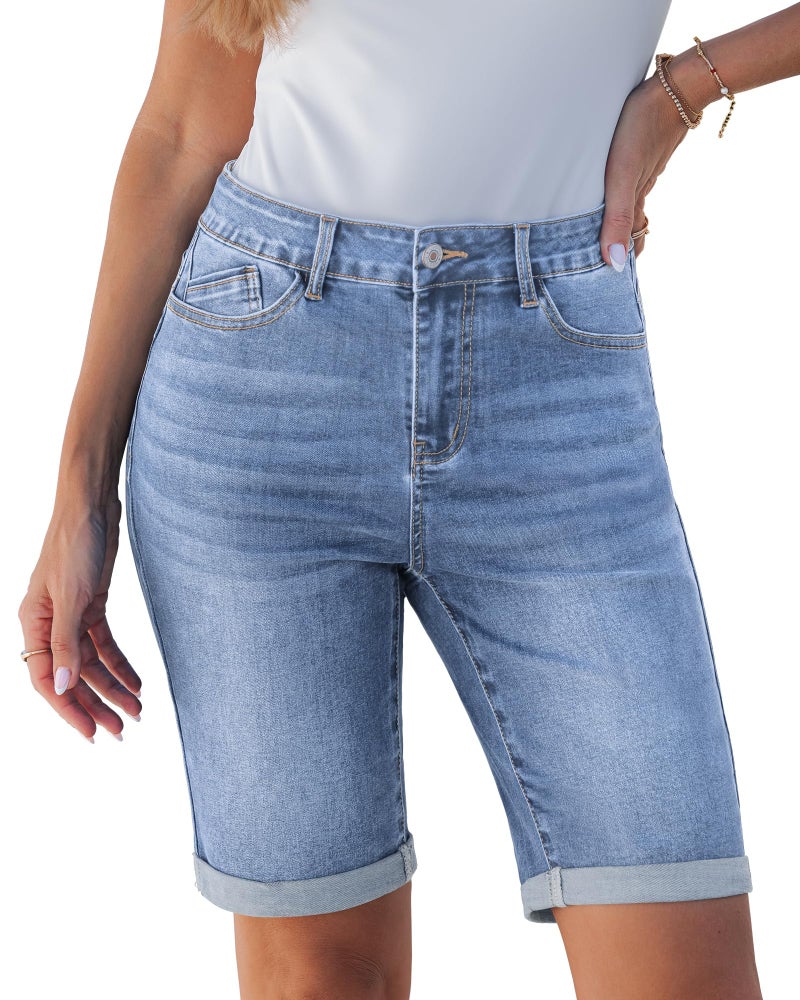 luvamia Bermuda Jean Shorts for Women Knee Length High Waisted Trendy Long Jean Shorts Fold Hem Women's Denim Summer Jorts Bay Blue Size X-Large US 16 to 18 - Image 1