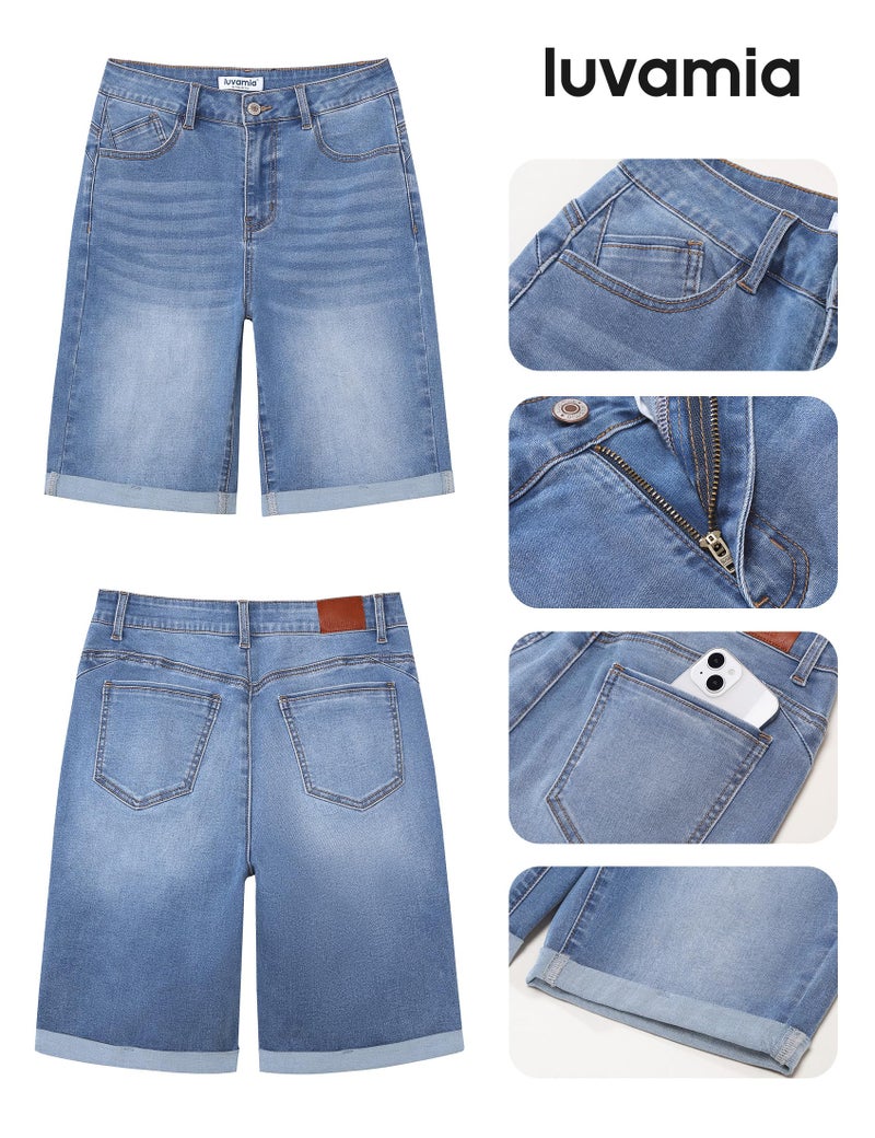 luvamia Bermuda Jean Shorts for Women Knee Length High Waisted Trendy Long Jean Shorts Fold Hem Women's Denim Summer Jorts Bay Blue Size X-Large US 16 to 18 - Image 5