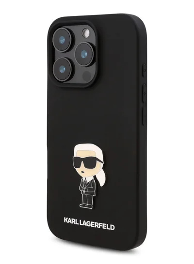 كارل لاغرفيلد جراب iPhone 16 Pro Max TPU سيليكون مع شعار Ikonik / غطاء خلفي محمي من السقوط / سهل التركيب / قبضة مريحة - أسود