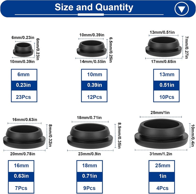 Tnisesm 65PCS 6 Sizes Black Rubber Plugs for Round Holes Silicone Plugs, 1" 3/4" 5/8" 1/2" 3/8" 1/4" Round Hole Plug Snap Locking, Used for Furniture - Image 2