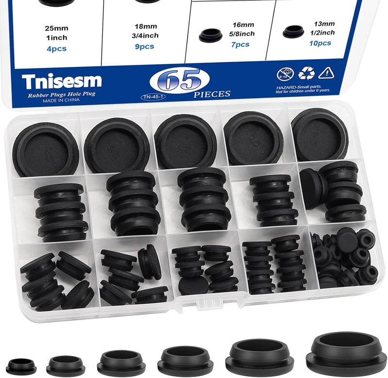 Tnisesm 65PCS 6 Sizes Black Rubber Plugs for Round Holes Silicone Plugs, 1" 3/4" 5/8" 1/2" 3/8" 1/4" Round Hole Plug Snap Locking, Used for Furniture - Image 1
