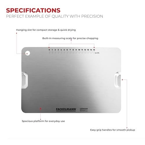 Fackelmann Food Grade Stainless Steel Chopping Board 30.5cm Medium Size | in-Built Measuring Scale | Brush Finish Both Side | Hanging Slot | Easy Grip | German Brand | 1 Year Warranty - Silver - Image 4