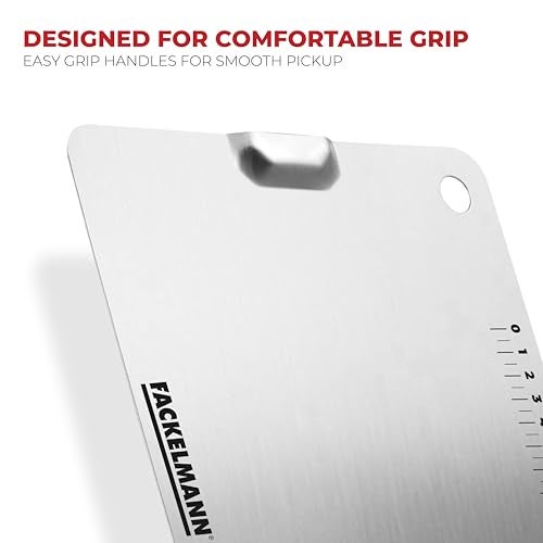 Fackelmann Food Grade Stainless Steel Chopping Board 30.5cm Medium Size | in-Built Measuring Scale | Brush Finish Both Side | Hanging Slot | Easy Grip | German Brand | 1 Year Warranty - Silver - Image 5
