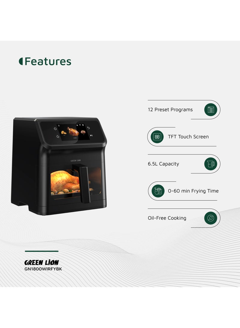 جرين ليون مقلاة هوائية ذكية سعة 6.5 لتر مع 12 برنامجًا محددًا مسبقًا ودوران هواء سريع 1800 وات / وصفات مثبتة / واي فاي / وظيفة مؤقت / شاشة لمس TFT / طهي بدون زيت / طلاء غير لاصق / وقت قلي 0-60 دقيقة - أسود - Image 2