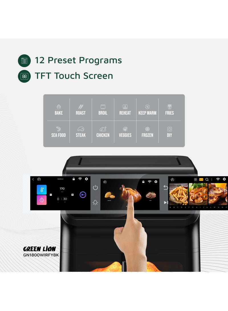 جرين ليون مقلاة هوائية ذكية سعة 6.5 لتر مع 12 برنامجًا محددًا مسبقًا ودوران هواء سريع 1800 وات / وصفات مثبتة / واي فاي / وظيفة مؤقت / شاشة لمس TFT / طهي بدون زيت / طلاء غير لاصق / وقت قلي 0-60 دقيقة - أسود - Image 5