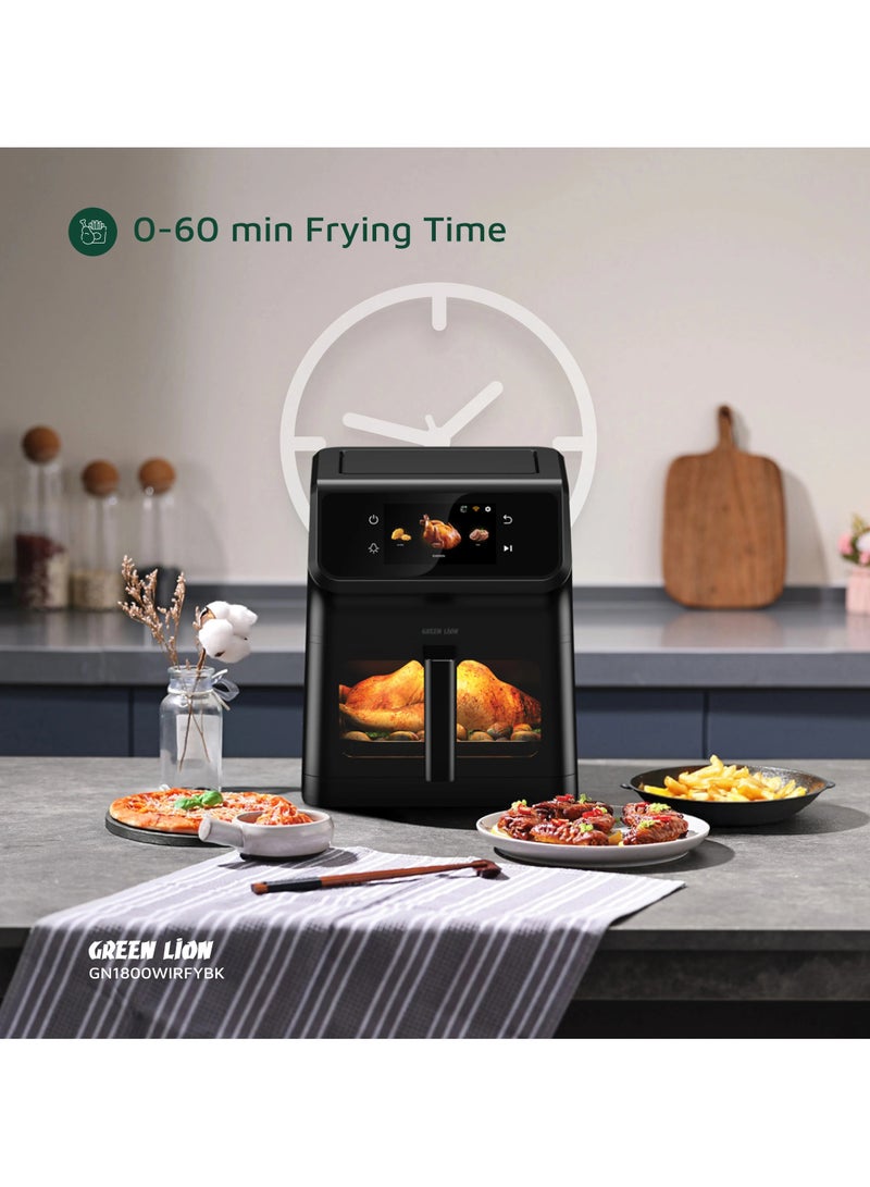 جرين ليون مقلاة هوائية ذكية سعة 6.5 لتر مع 12 برنامجًا محددًا مسبقًا ودوران هواء سريع 1800 وات / وصفات مثبتة / واي فاي / وظيفة مؤقت / شاشة لمس TFT / طهي بدون زيت / طلاء غير لاصق / وقت قلي 0-60 دقيقة - أسود - Image 3