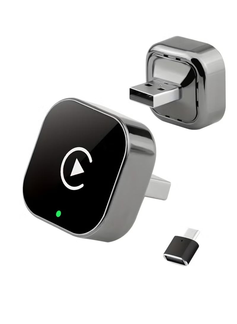 This wireless CarPlay and Android Auto 2-in-1 adapter is a plug-and-play universal USB converter, compatible with iOS 10 and above and Android 11 and above. It features automatic connection, supports steering wheel controls, and is suitable for most car models. - Image 1