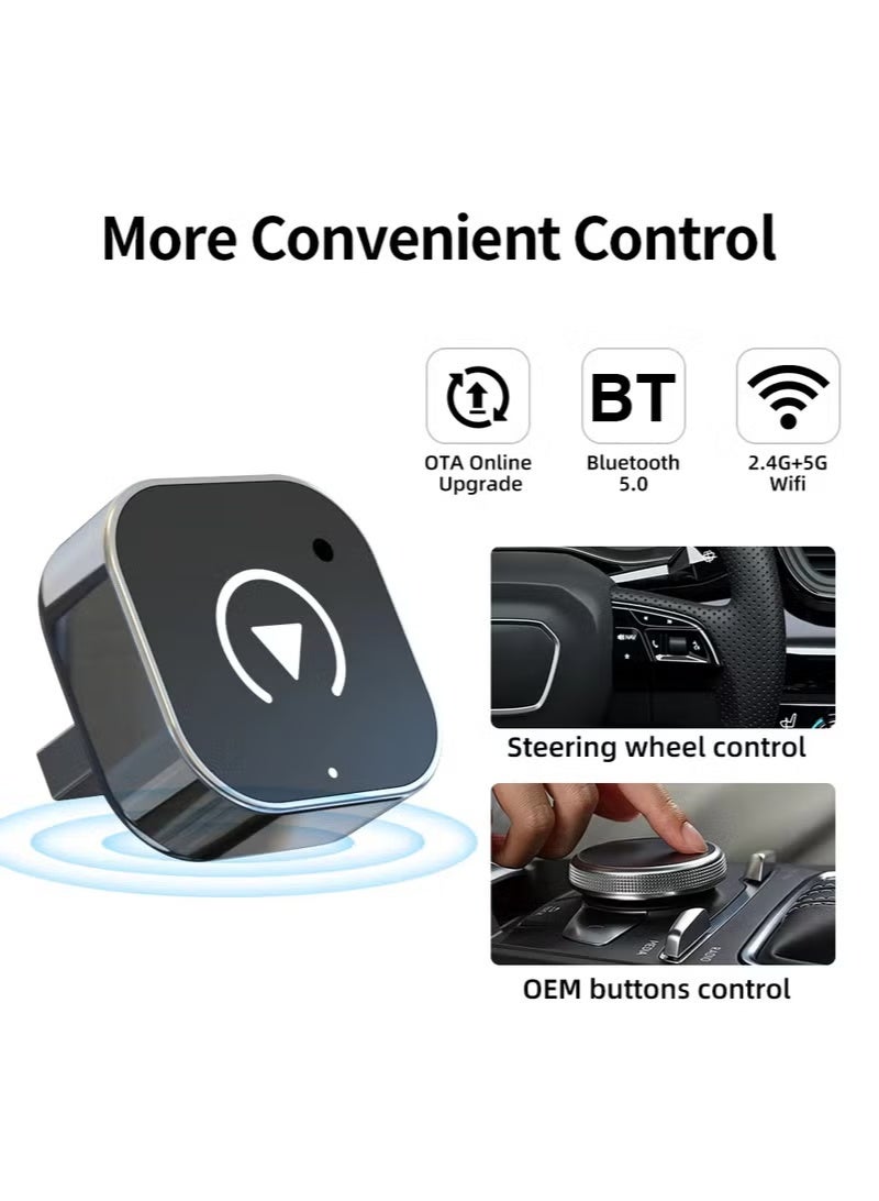This wireless CarPlay and Android Auto 2-in-1 adapter is a plug-and-play universal USB converter, compatible with iOS 10 and above and Android 11 and above. It features automatic connection, supports steering wheel controls, and is suitable for most car models. - Image 3