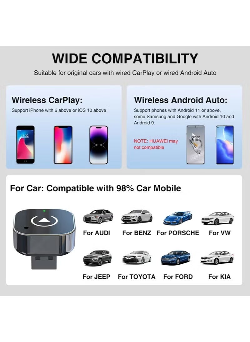 This wireless CarPlay and Android Auto 2-in-1 adapter is a plug-and-play universal USB converter, compatible with iOS 10 and above and Android 11 and above. It features automatic connection, supports steering wheel controls, and is suitable for most car models. - Image 4