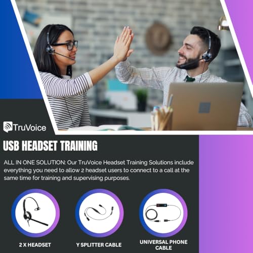 TruVoice Computer Headset Bundle for Training | Monitoring | Supervising : Includes 2 x HD500 Headset with NC Microphone, Training Splitter Y Cable and USB Adapter Compatible with PC and Softphones. - Image 2