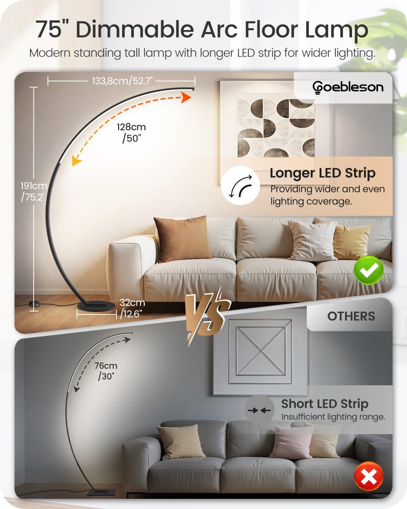 GOEBLESON 75 inch Dimmable LED Arc Floor Lamp for Living Room with Foot and Remote Control, 3 Color Temperatures, 3000K-6000K Whites, LED Corner Lamp, Modern Standing Tall Lamp for Bedroom B62LD05 - Image 2