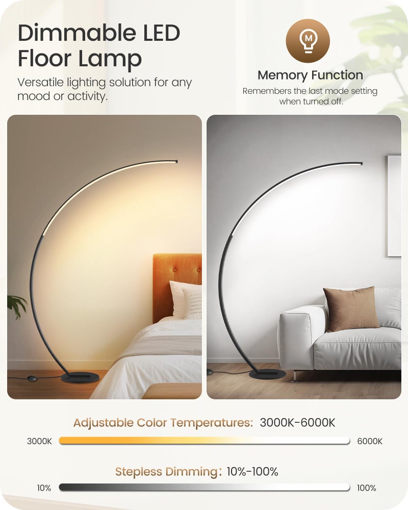 GOEBLESON 75 inch Dimmable LED Arc Floor Lamp for Living Room with Foot and Remote Control, 3 Color Temperatures, 3000K-6000K Whites, LED Corner Lamp, Modern Standing Tall Lamp for Bedroom B62LD05 - Image 4