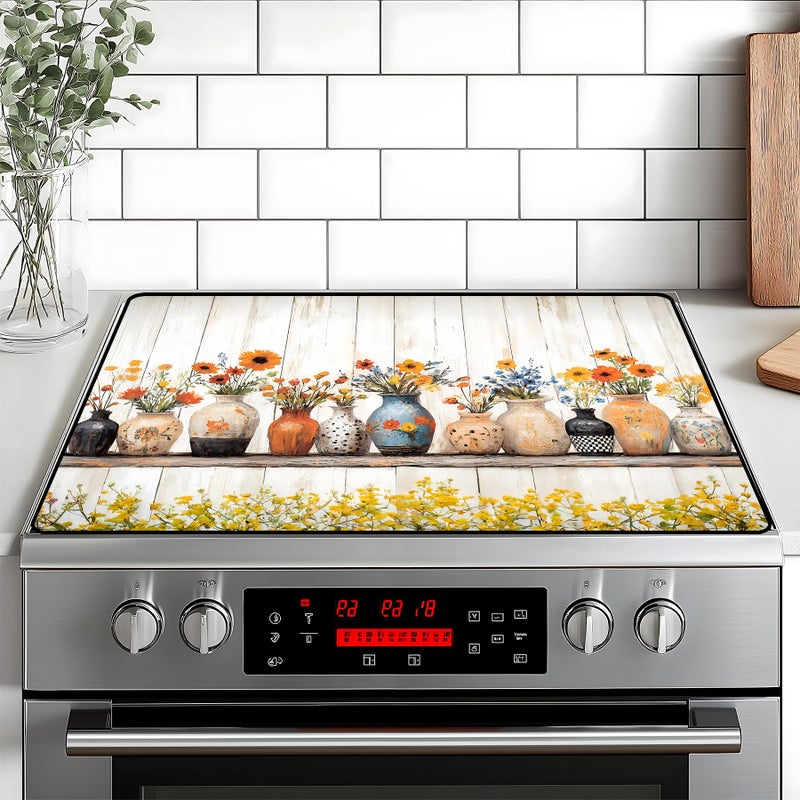 BVBOX Stove Top Cover Retro Flower Gas Stove Top Cover for Home Decoration Kitchen Pad Non-Stick Washable Cooktop Covers Countertop Protector Keep Stove Clean 28"x20" (Vase) - Image 1