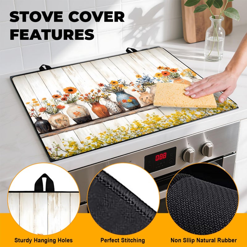 BVBOX Stove Top Cover Retro Flower Gas Stove Top Cover for Home Decoration Kitchen Pad Non-Stick Washable Cooktop Covers Countertop Protector Keep Stove Clean 28"x20" (Vase) - Image 2
