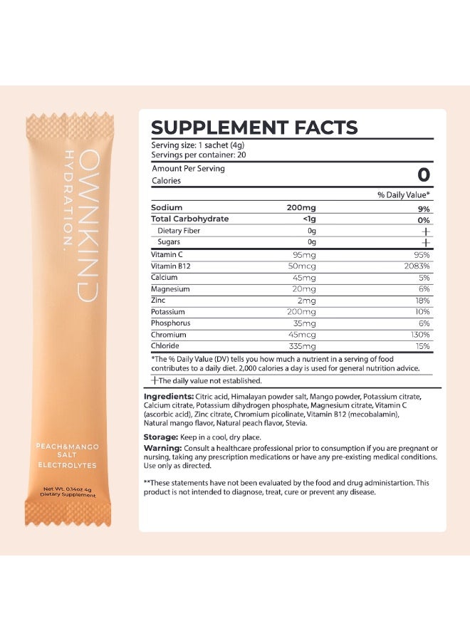 Ownkind Electrolytes Powder Sachets - Peach & Mango | Zero Sugar, All 6 Electrolytes, Hydration Multiplier W/Essential Minerals, Vitamins, Immune & Metabolic Functions. Vegan, Sugar Free & Gluten Free