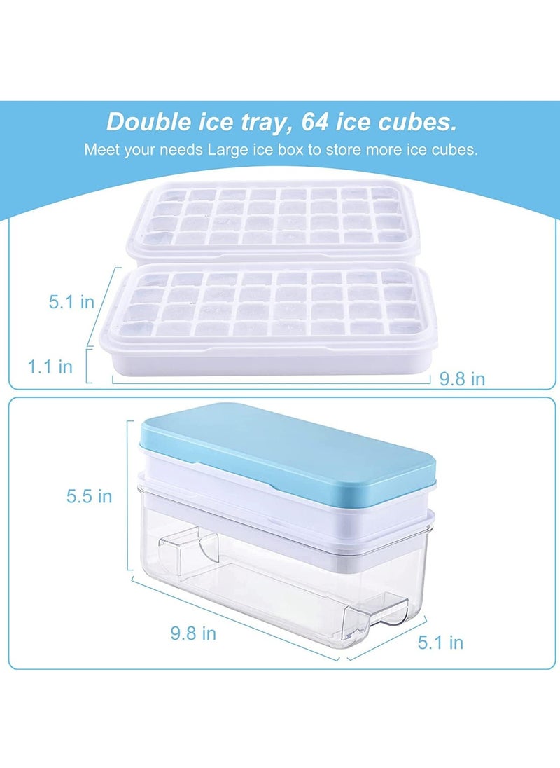 Generic - Press Type 64-Ice Cube Tray Quickly Ice Cubes Release Plastic Stackable Maker Mold with Ice Container  Scoop and Lid for Freezer Drinks Tea Coffee (Blue-2) - Image 1