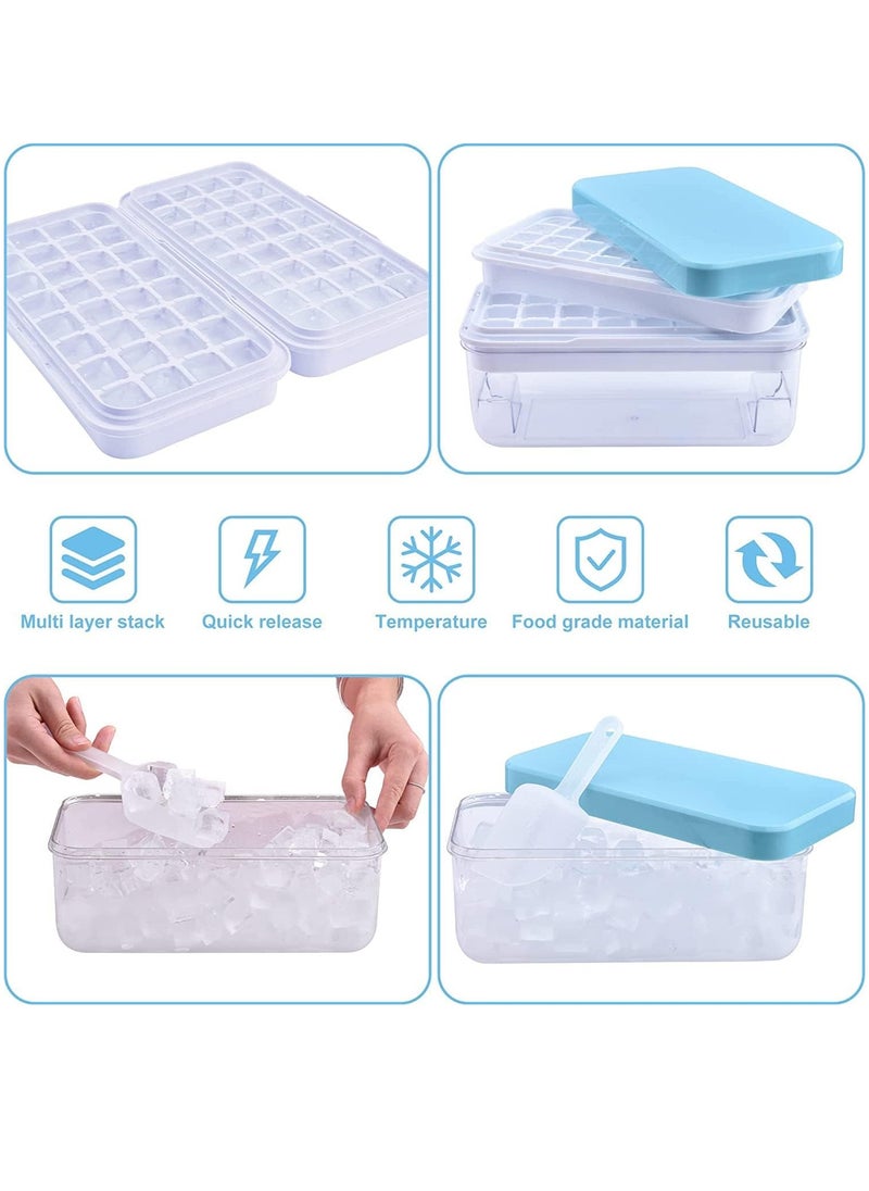 Generic - Press Type 64-Ice Cube Tray Quickly Ice Cubes Release Plastic Stackable Maker Mold with Ice Container  Scoop and Lid for Freezer Drinks Tea Coffee (Blue-2) - Image 1