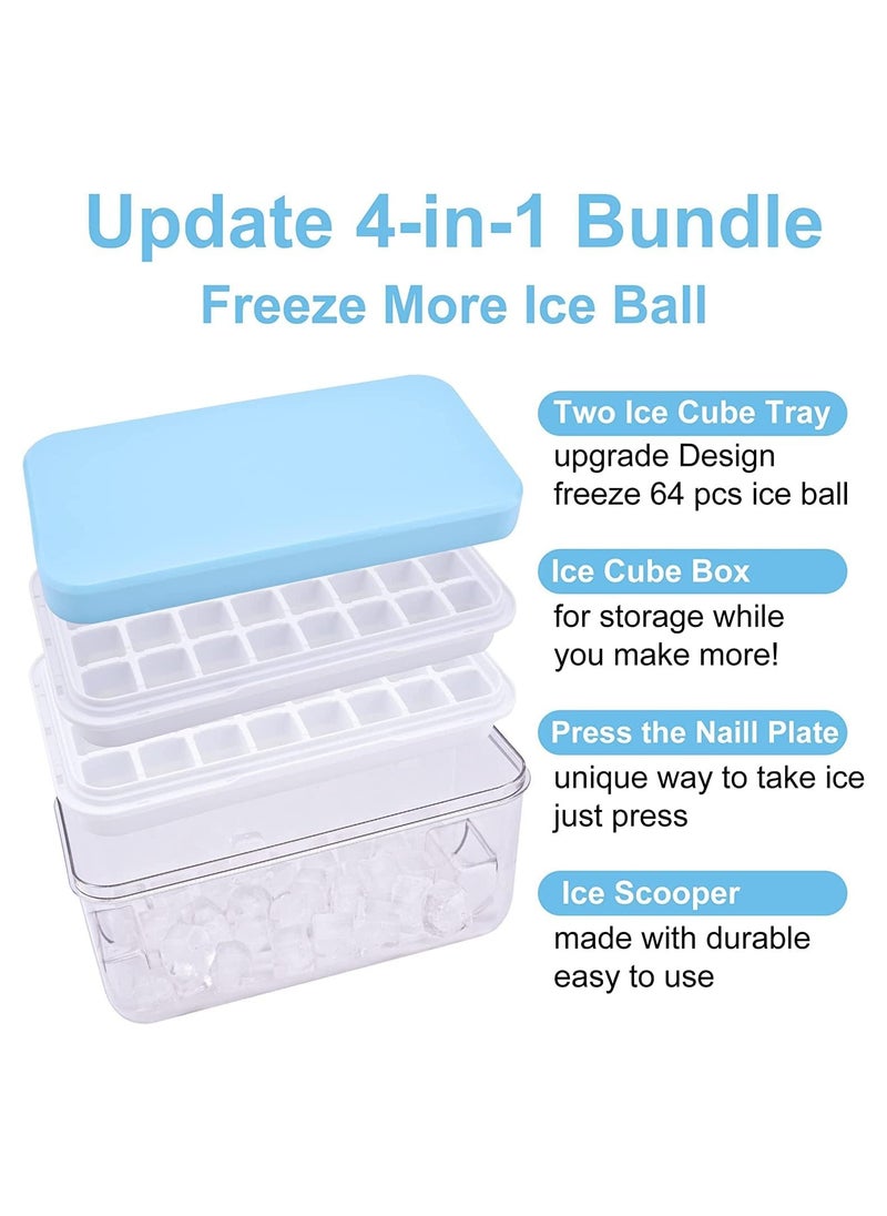 Generic - Press Type 64-Ice Cube Tray Quickly Ice Cubes Release Plastic Stackable Maker Mold with Ice Container  Scoop and Lid for Freezer Drinks Tea Coffee (Blue-2) - Image 1