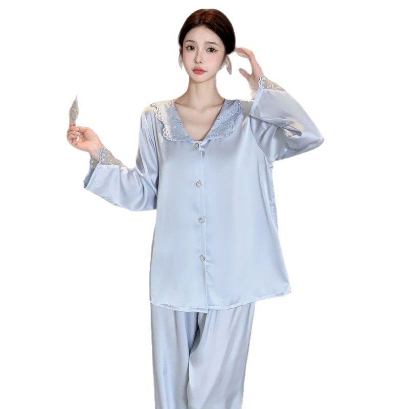 French Style New Palace Pajama Set for Women, Silk Long Sleeve Spring/Autumn Set, Wearable Outside, Ice Silk Cardigan Loungewear - Image 5
