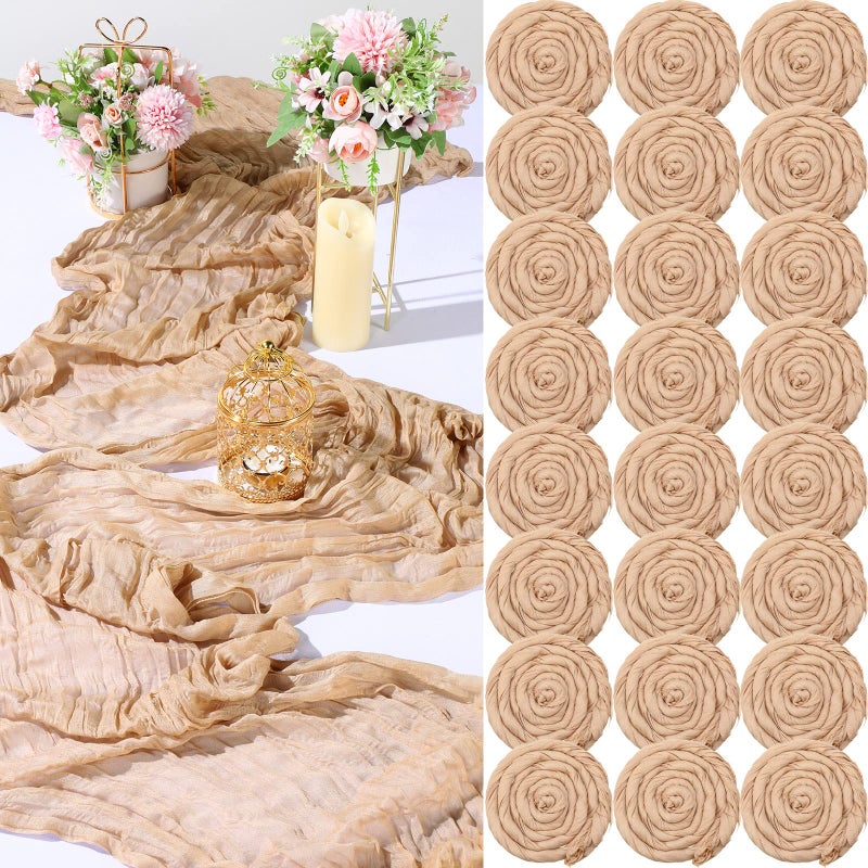 Shimeyao 24 Pcs Wedding Champagne Cheesecloth Table Runner Bulk Boho Rustic Gauze Cheese Cloth Table Runner 120 Inch 10ft Long Holiday Tablecloth for Wedding Baby Shower DecorationChampagne