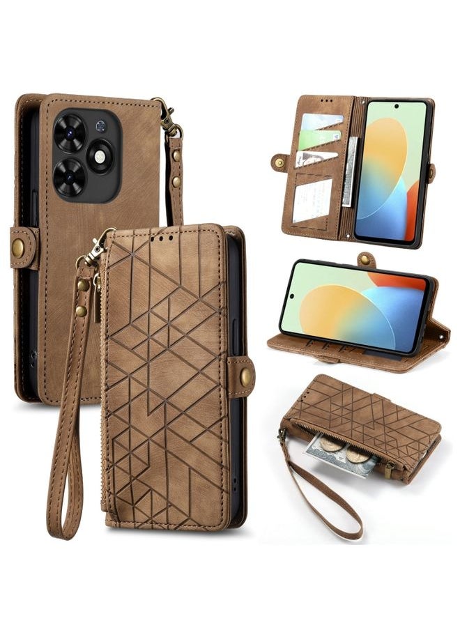 HuHa Case Cover For Tecno Spark Go 2024 Geometric Zipper Wallet Side Buckle Leather Phone Case Brown 