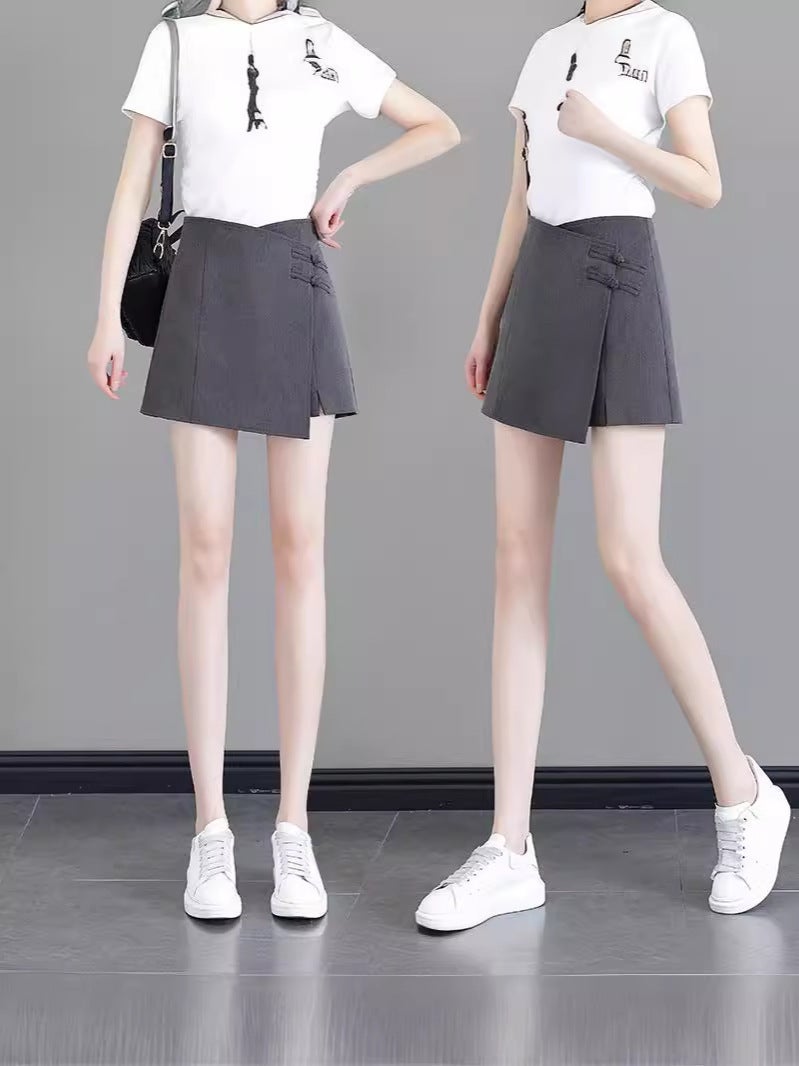 Irregular Split Suit Culottes Women'S Summer Design Sense Buckle High Waist Slim A- Line Short Pants Skirt - Image 2
