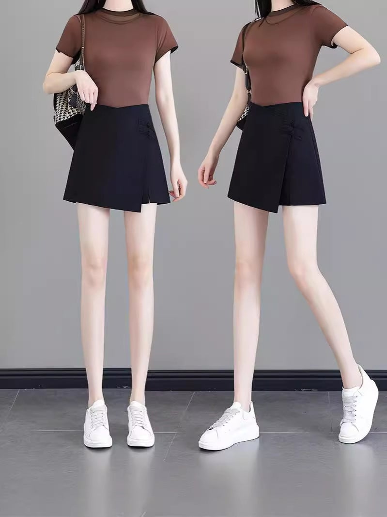 Irregular Split Suit Culottes Women'S Summer Design Sense Buckle High Waist Slim A- Line Short Pants Skirt - Image 4