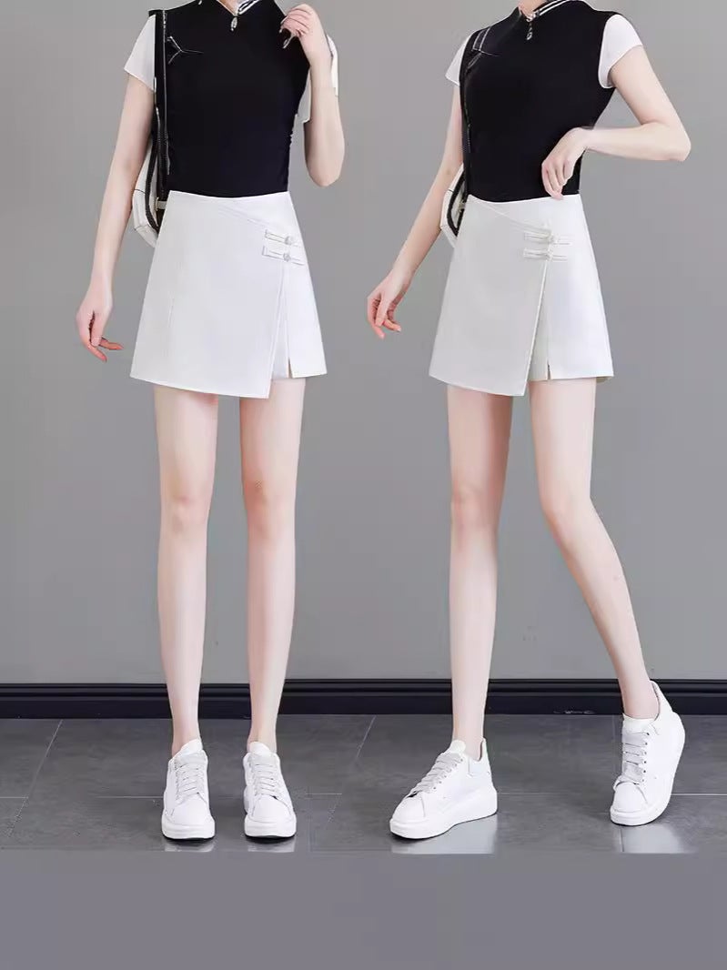 Irregular Split Suit Culottes Women'S Summer Design Sense Buckle High Waist Slim A- Line Short Pants Skirt - Image 5