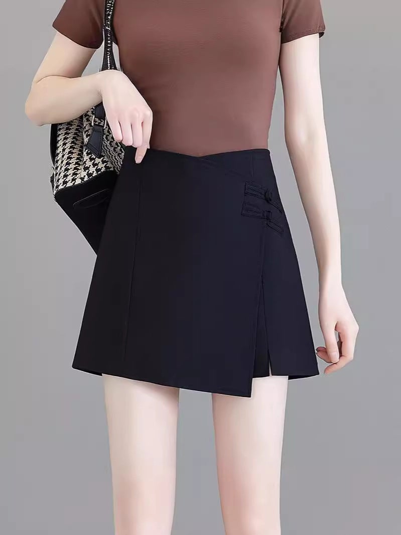 Irregular Split Suit Culottes Women'S Summer Design Sense Buckle High Waist Slim A- Line Short Pants Skirt - Image 3
