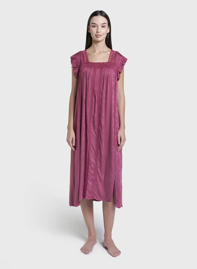 كشخة Maroon Jacquard  Floral Print Rayon Long Nightwear Dress (CNH491)